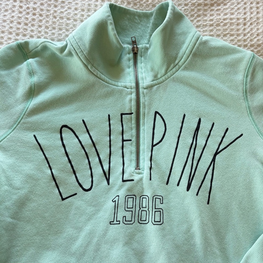 Y2K PINK Victoria's Secret Mint Green 'LOVE PINK' Quarter-Zip Sweatshirt Sz M - Picture 8 of 16